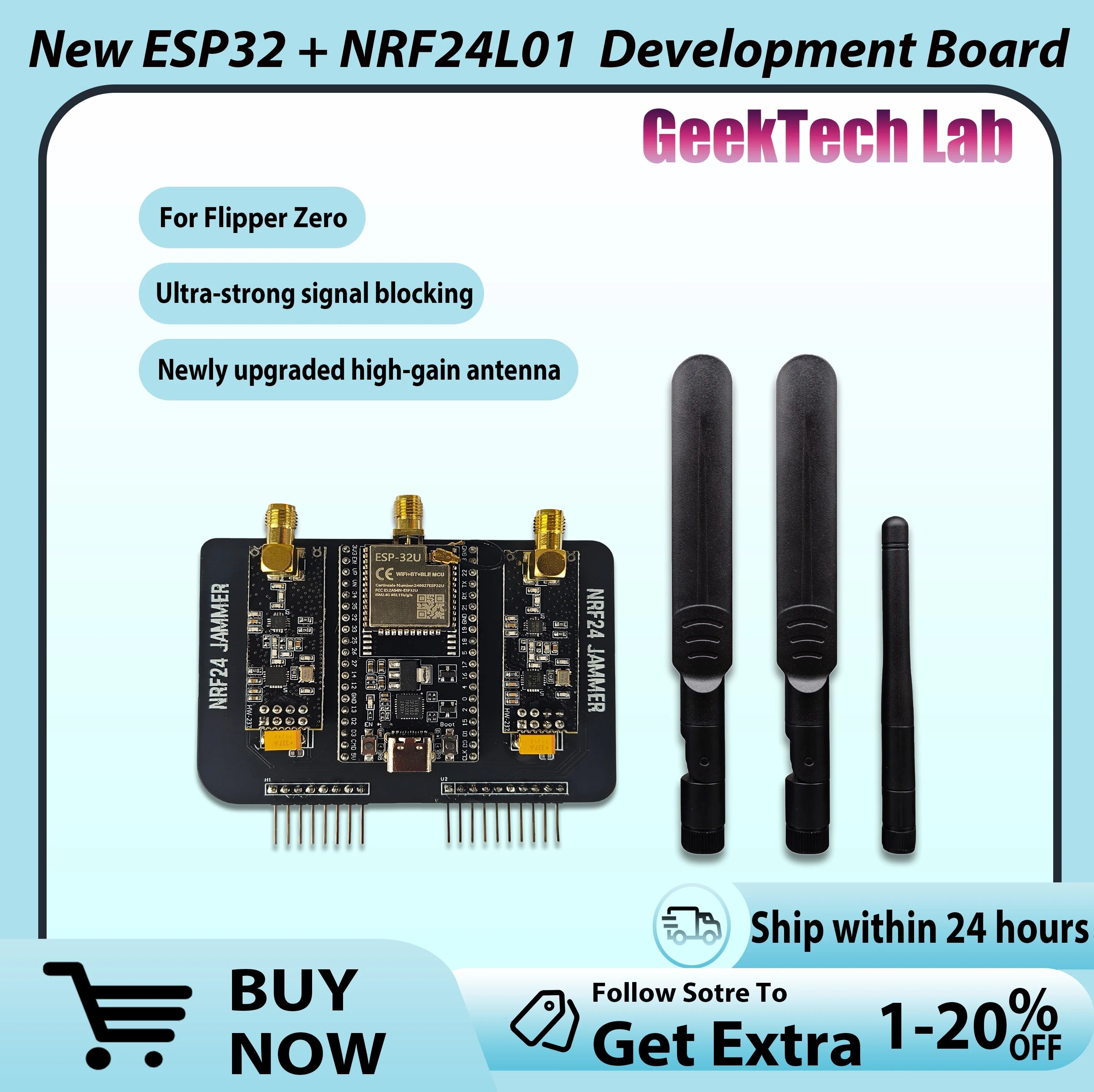 New ESP32 + NRF24L01 PA LNA 2.4GHz Module for Flipper Zero,Upgraded Antenna supports Bluetooth Blocker signal Development Board